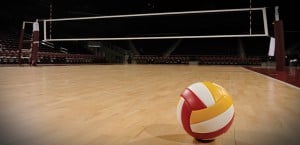 Volleyball on empty court with The Edge Pro Volleyball Trainer